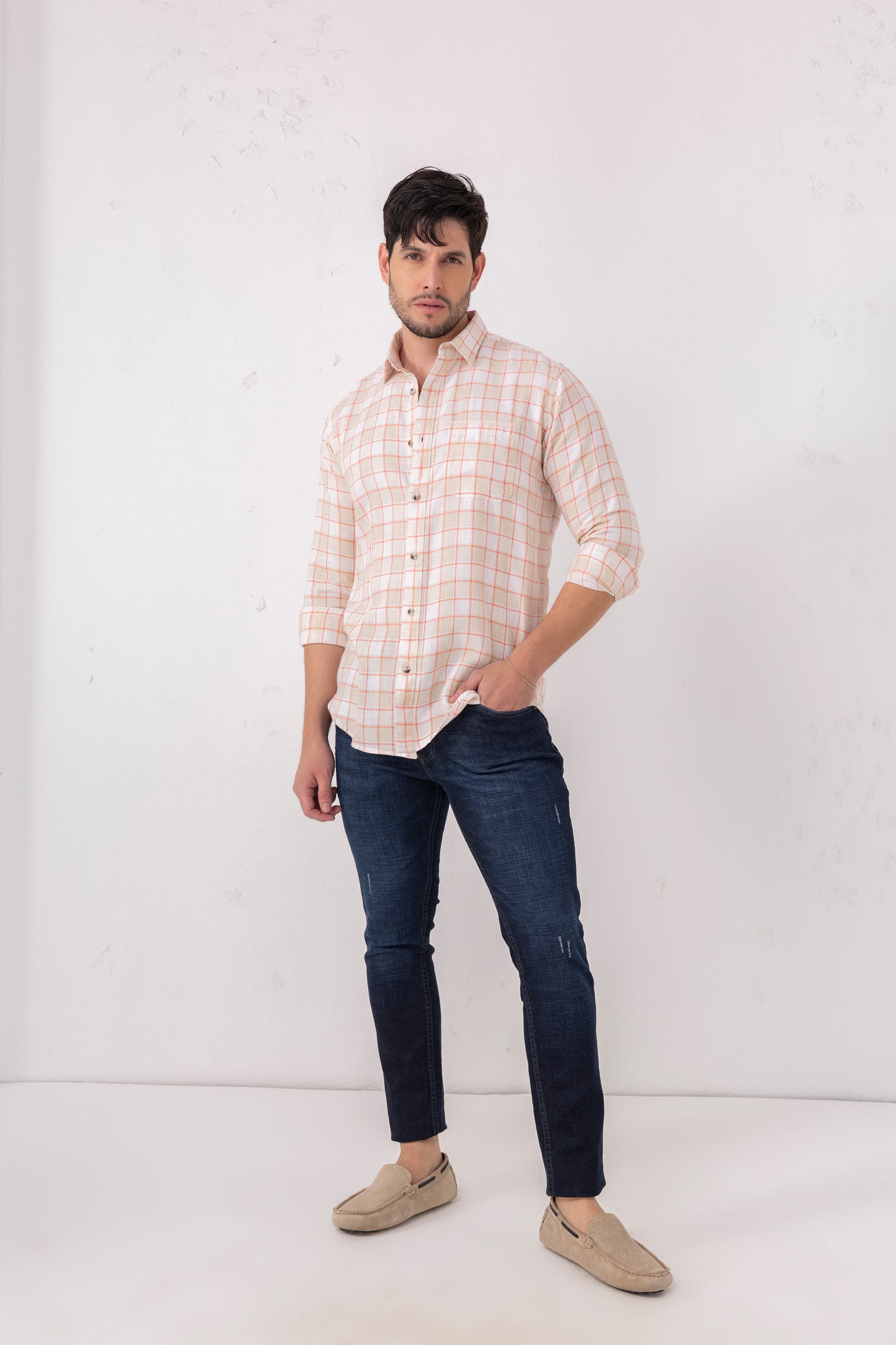 Linen Blend Peach Check Shirt