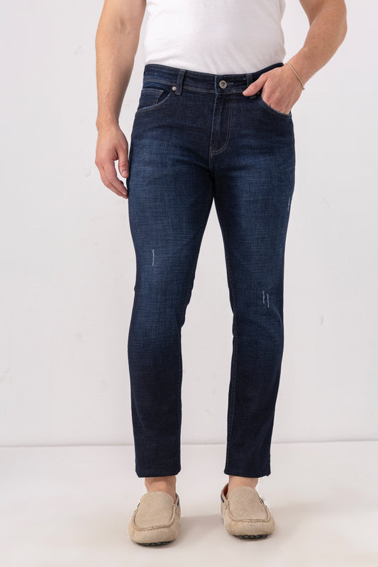 Indigo Fade Slim Fit Denim Jeans with Light Distressing