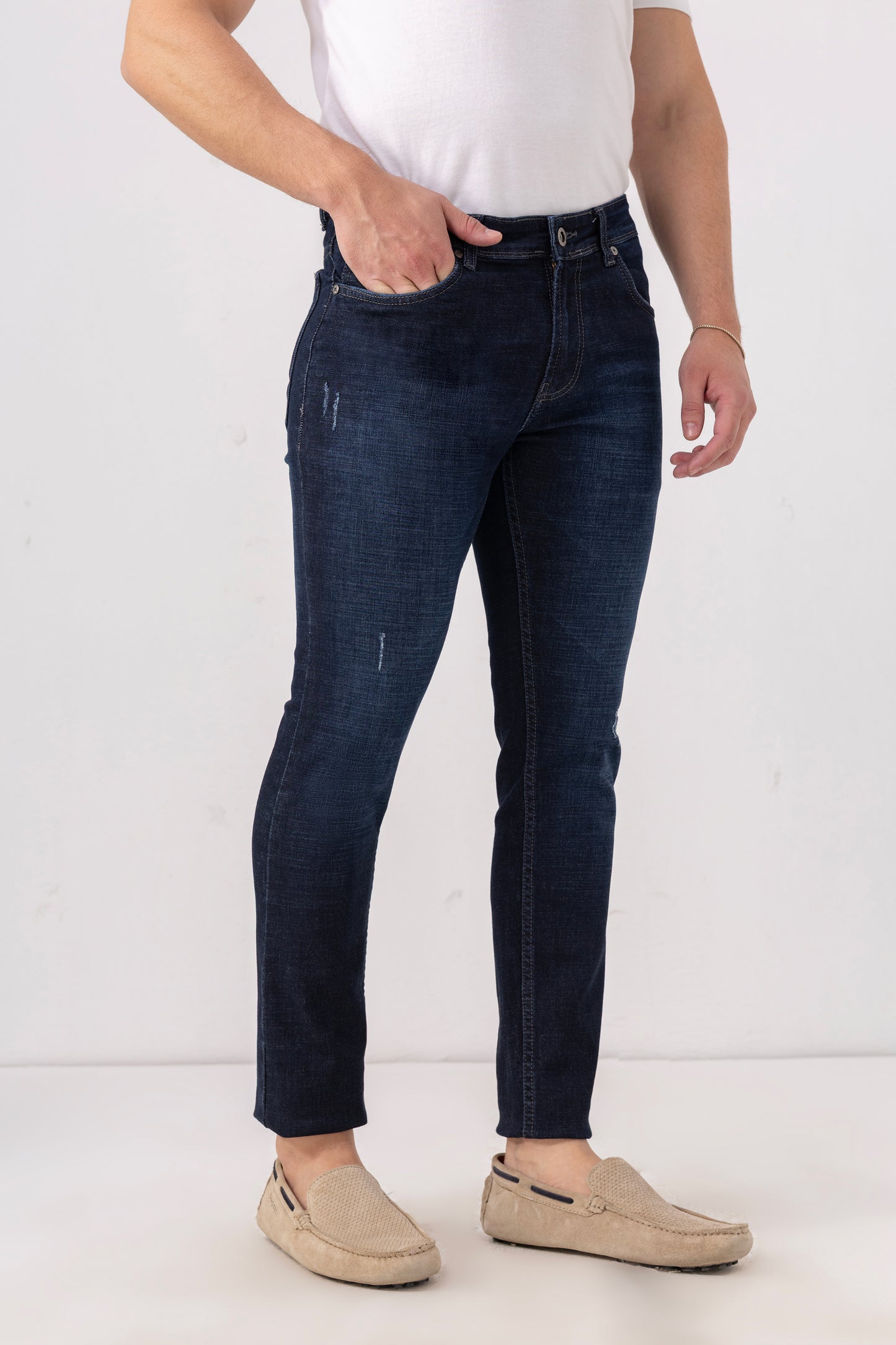 Indigo Fade Slim Fit Denim Jeans with Light Distressing