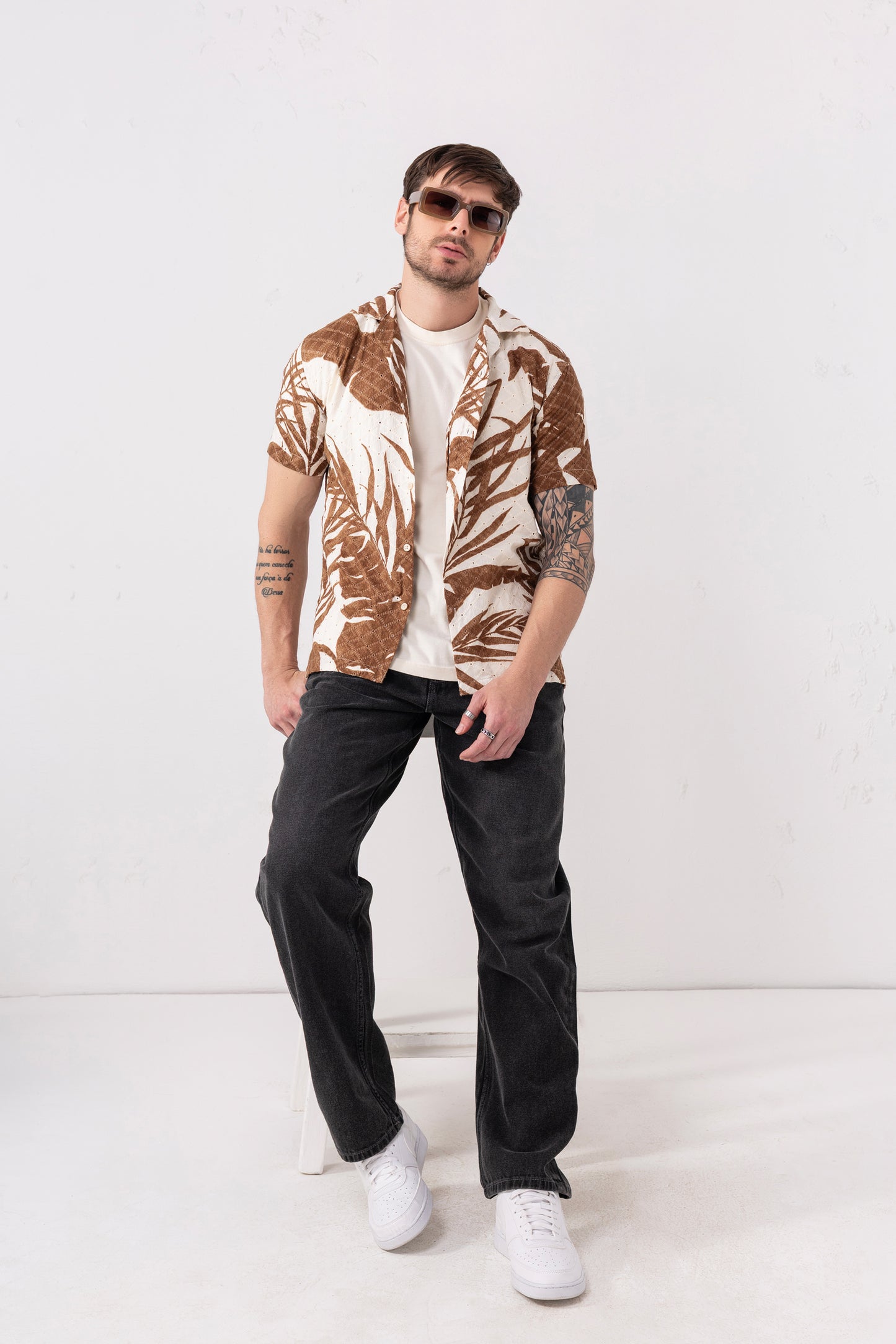 Men's Cotton Eyelet Leaf Print Shirt – Brown & White