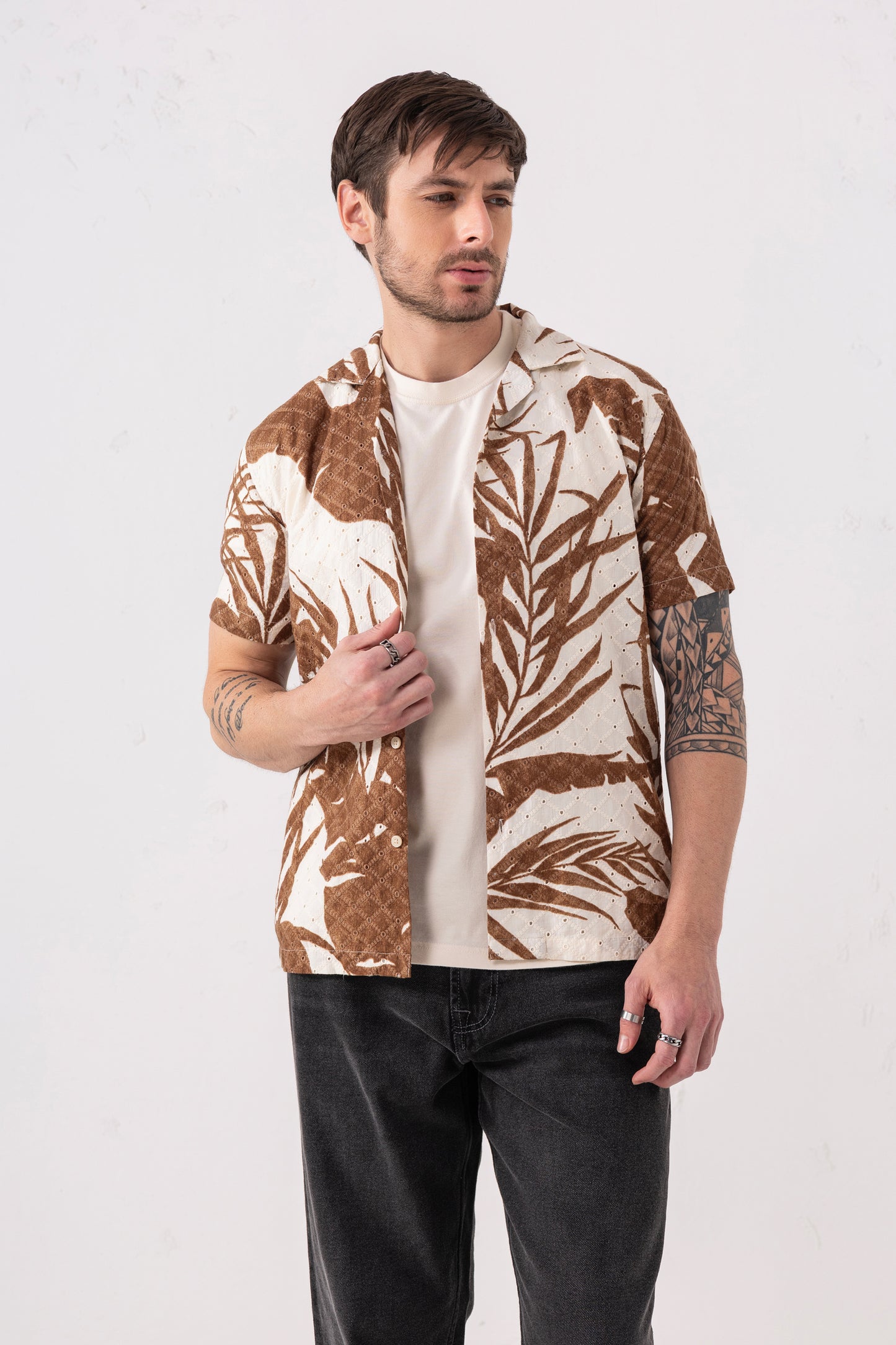 Men's Cotton Eyelet Leaf Print Shirt – Brown & White