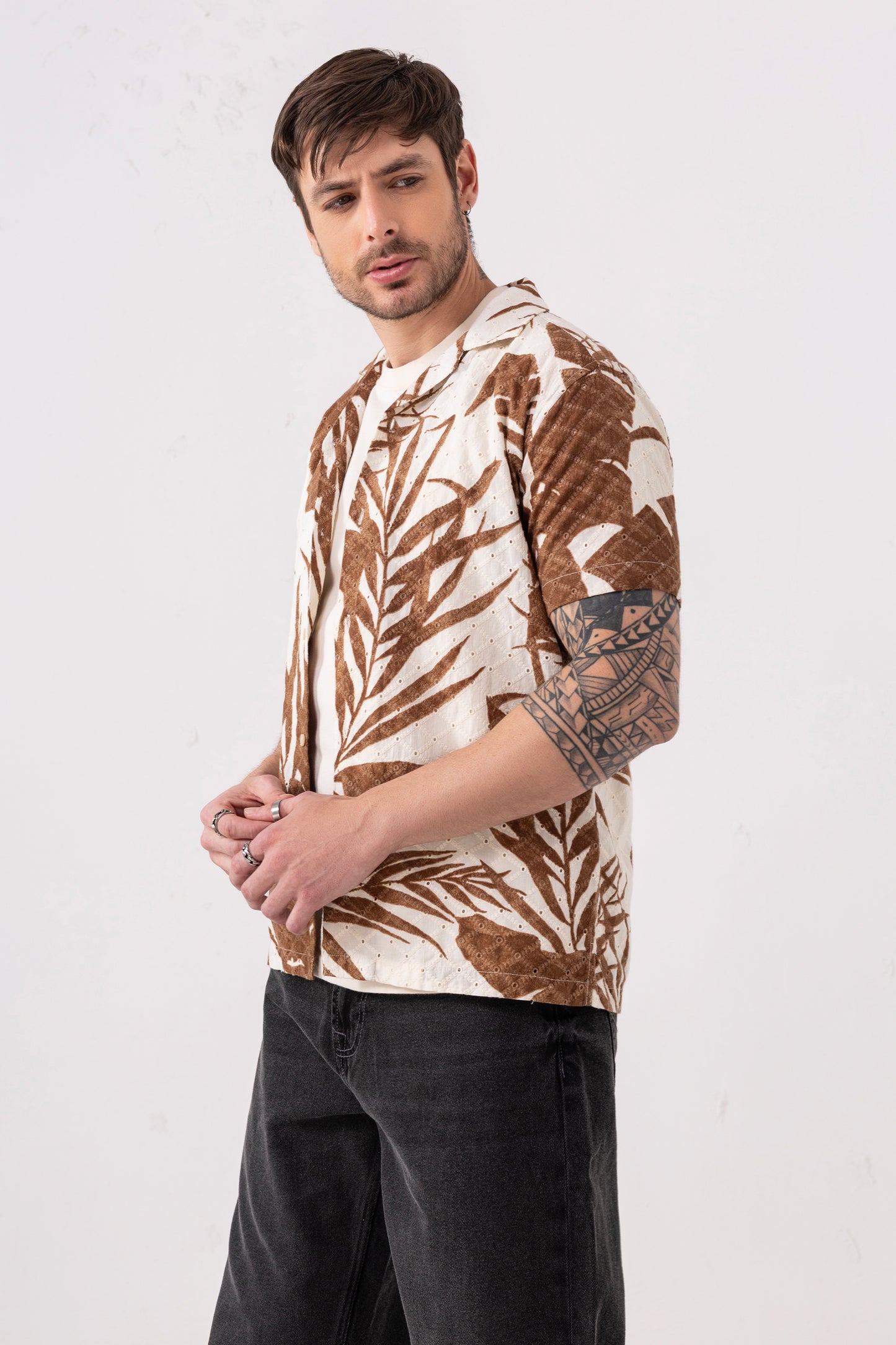 Men's Cotton Eyelet Leaf Print Shirt – Brown & White