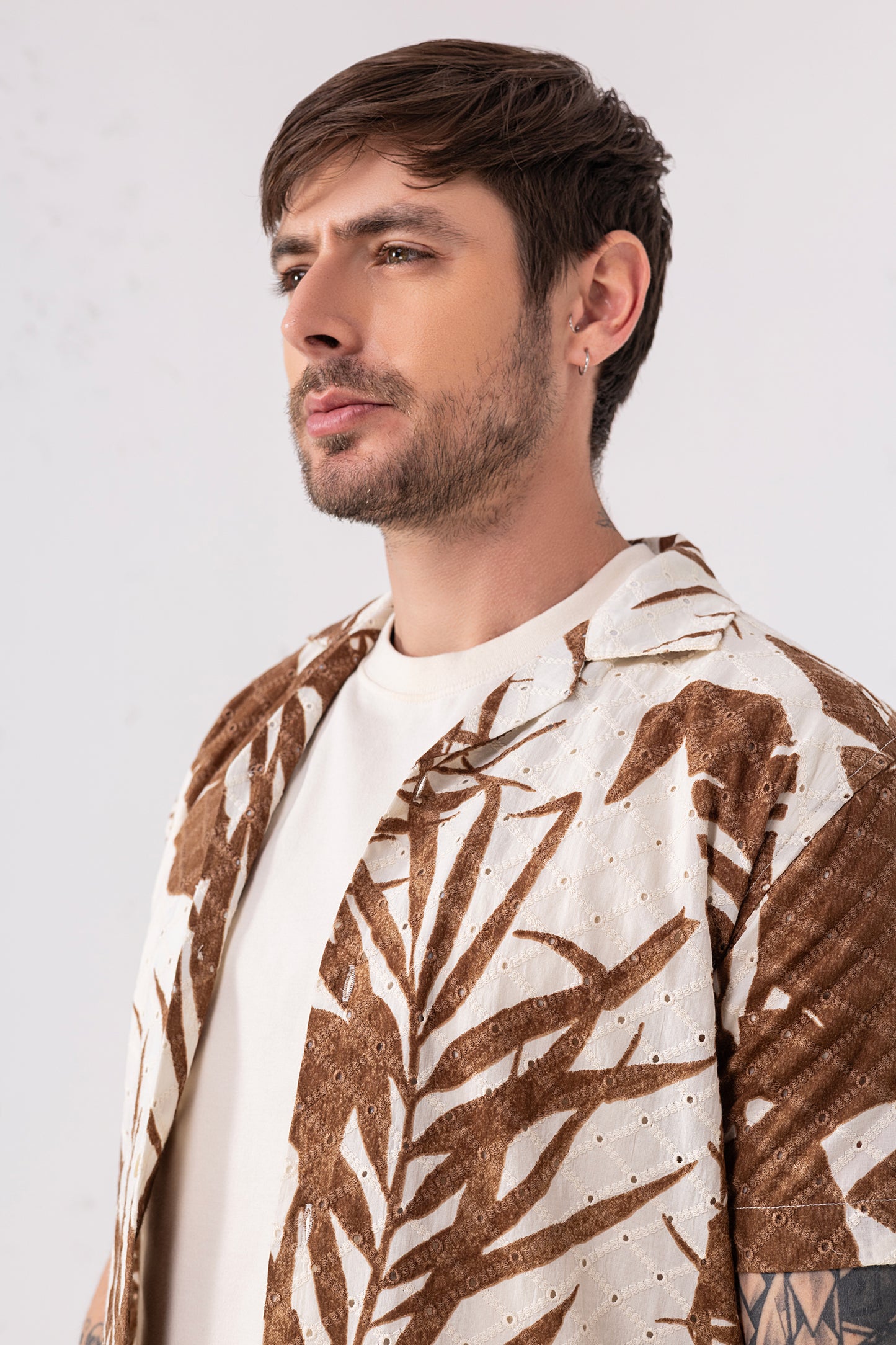 Men's Cotton Eyelet Leaf Print Shirt – Brown & White