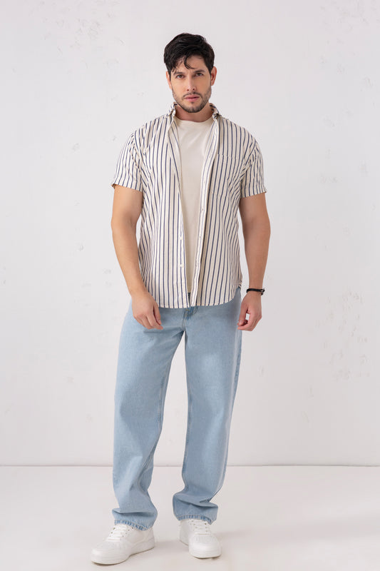 Men’s 100% Cotton Vertical Stripe Shirt – Ivory & Navy