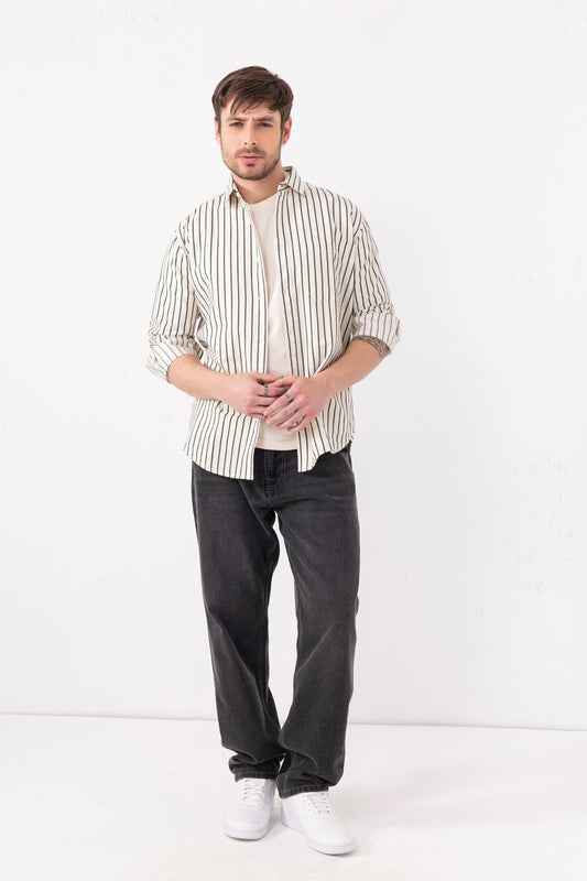 Full-Sleeve Shirt – Cream with Olive Stripes 100% Cotton