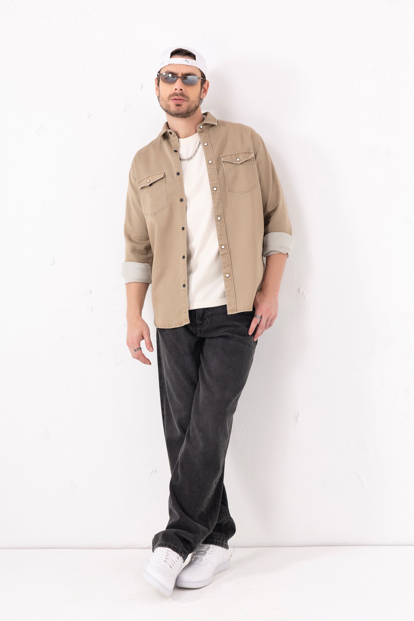 Beige Double-Pocket Denim Shirt – Full Sleeves