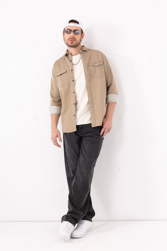 Beige Double-Pocket Denim Shirt – Full Sleeves