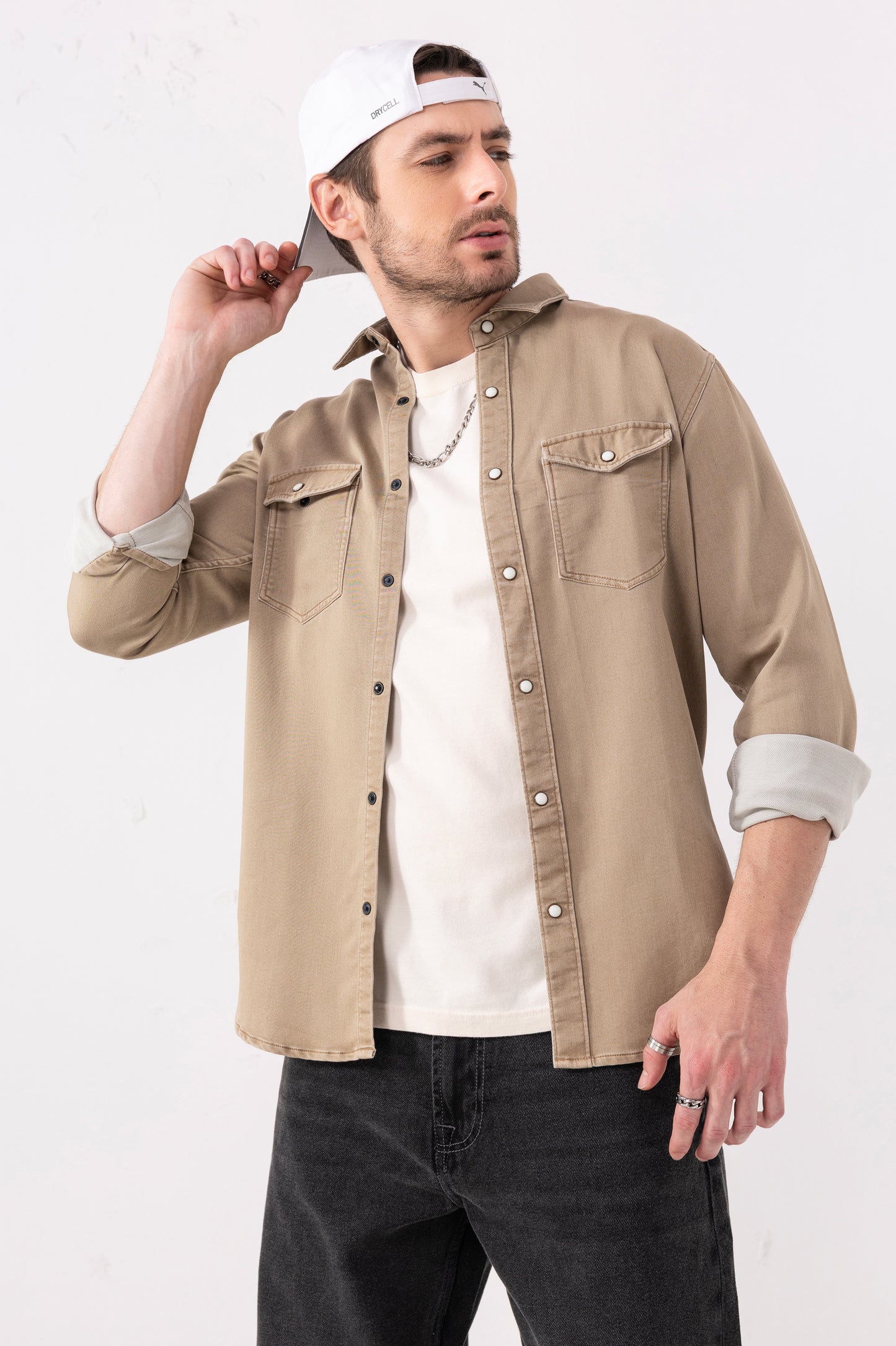 Beige Double-Pocket Denim Shirt – Full Sleeves
