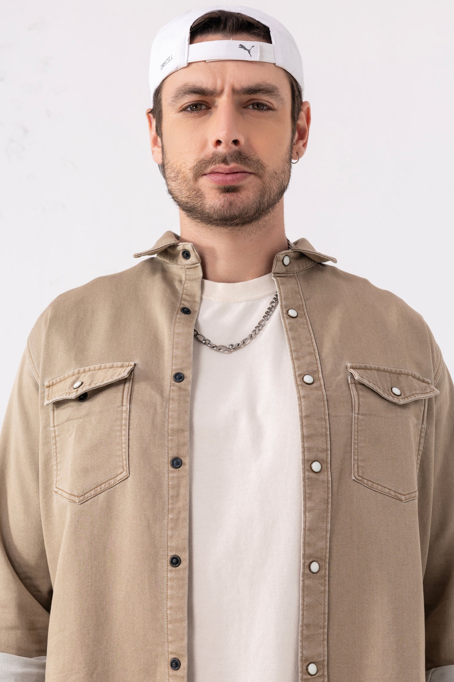 Beige Double-Pocket Denim Shirt – Full Sleeves