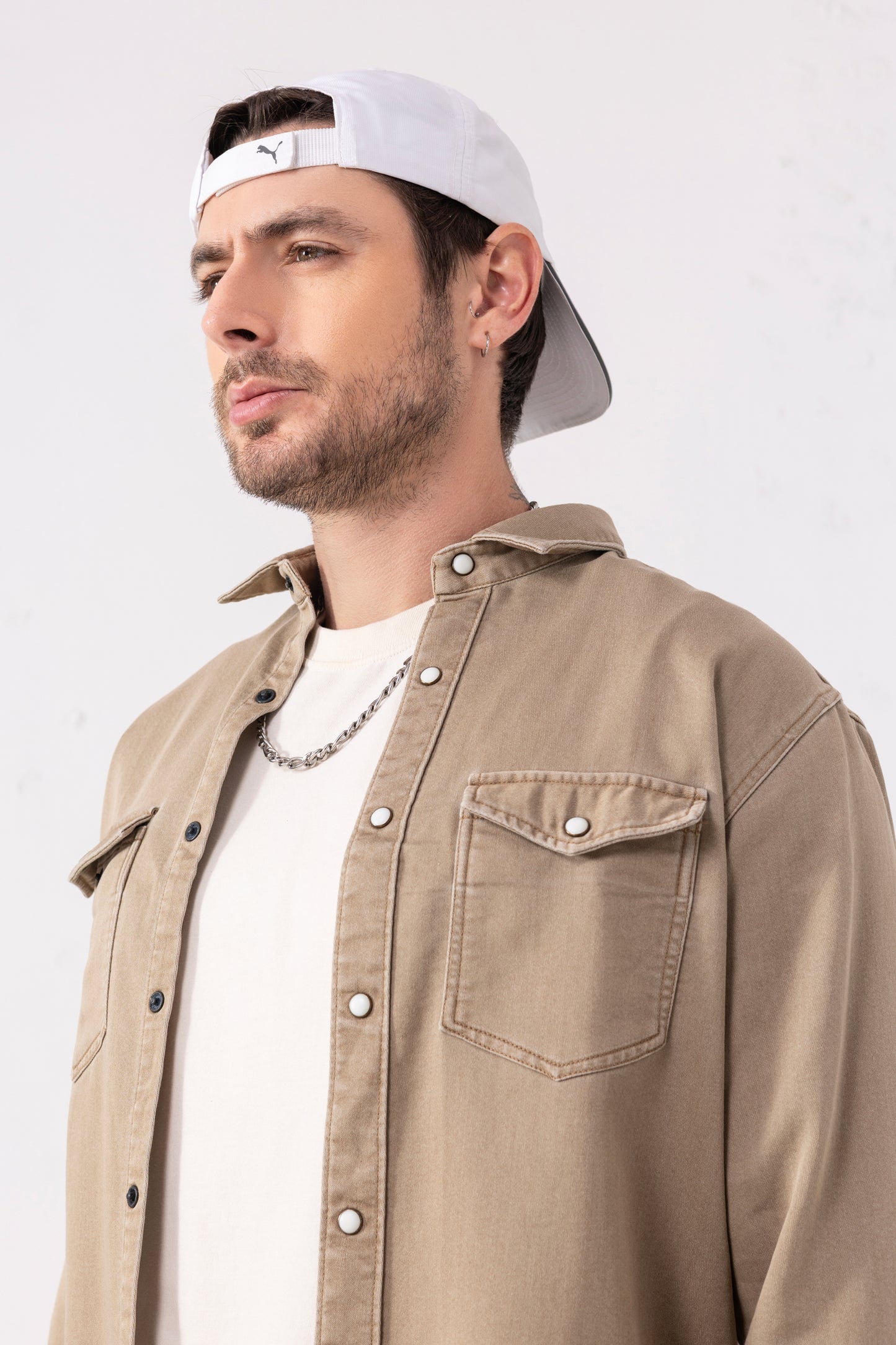 Beige Double-Pocket Denim Shirt – Full Sleeves