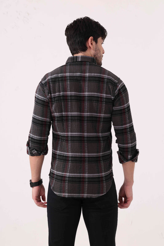 Cotton Blend Grey Burgundy Check Shirt – Long Sleeves