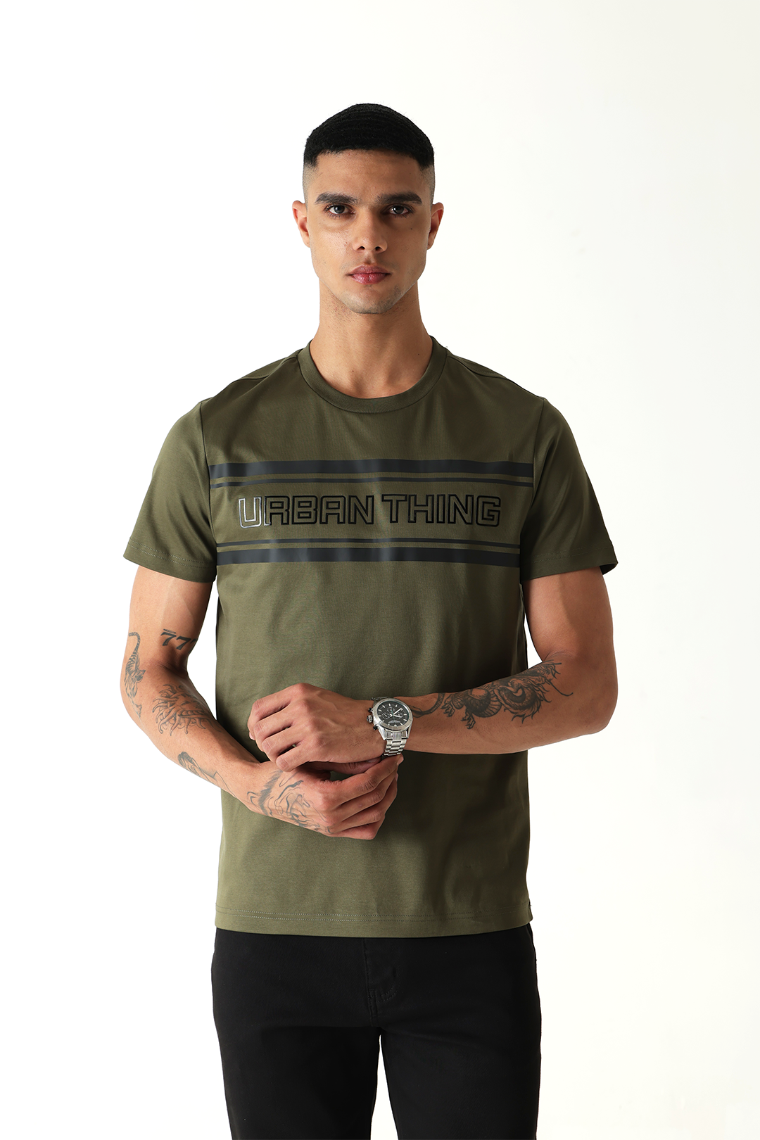 Gel Print Branding Night Olive Mercerised Crew Neck T-Shirt