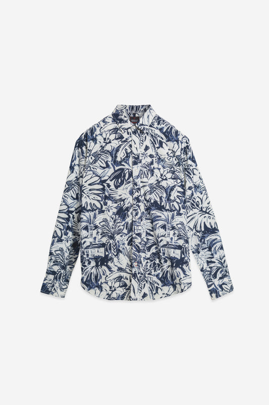 Navy & White Tropical Print Premium Cotton Shirt