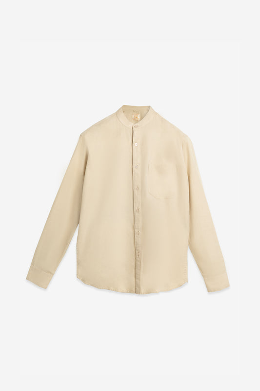 Beige 100% Cotton Mandarin Collar Casual Shirt