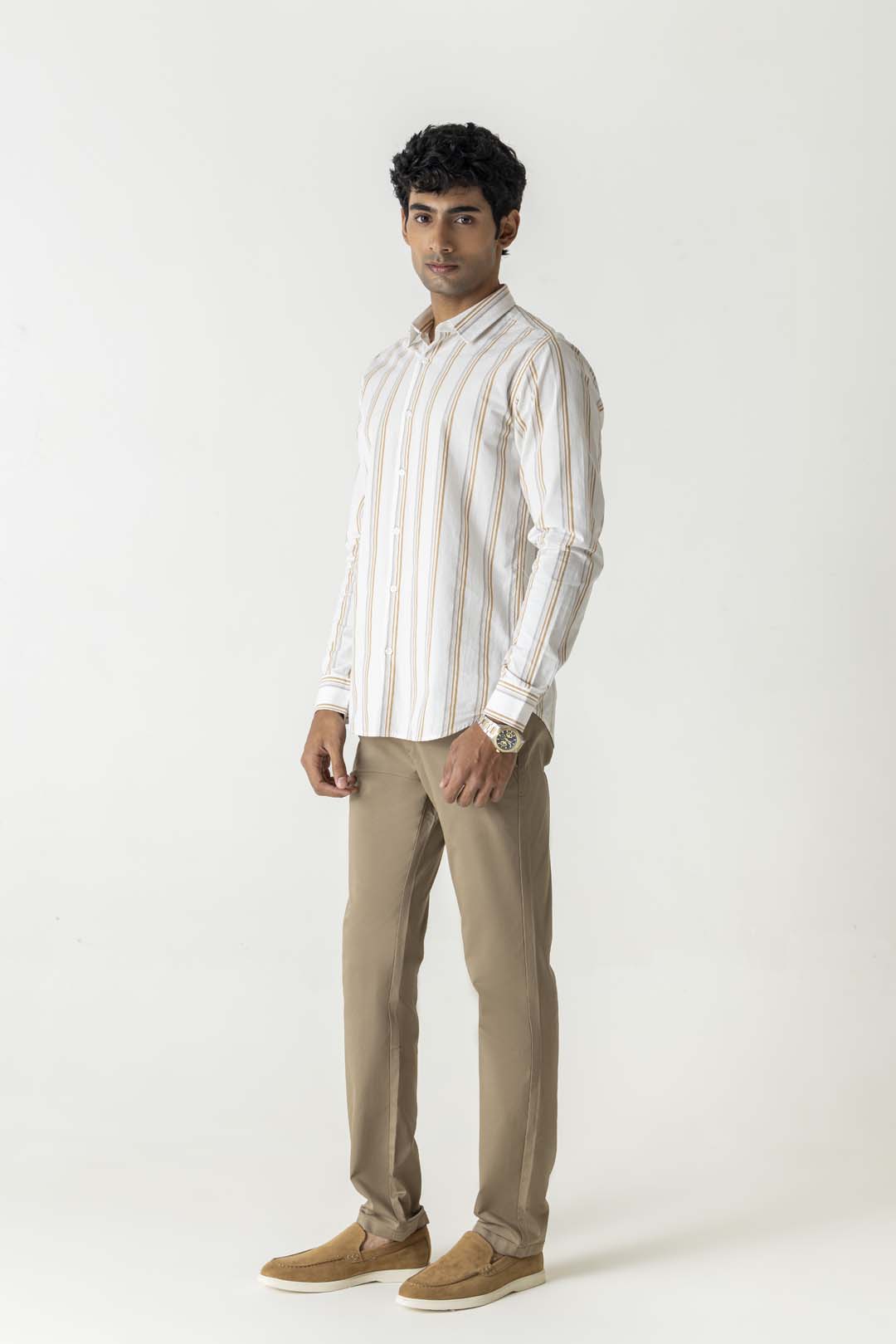 Khaki Vertical Stripe Cotton Regular Fit Full Sleeve Shirt