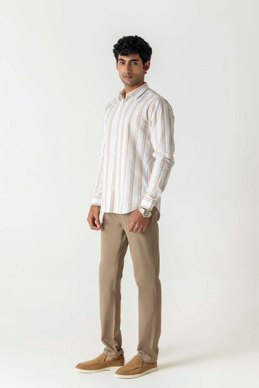 Khaki Vertical Stripe Cotton Regular Fit Full Sleeve Shirt