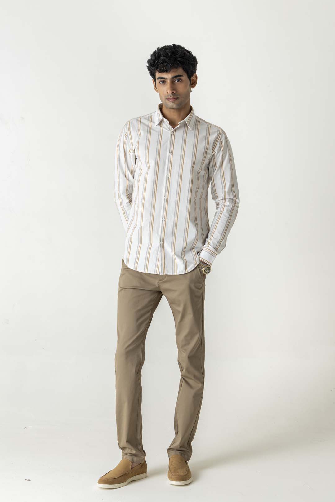 Khaki Vertical Stripe Cotton Regular Fit Full Sleeve Shirt