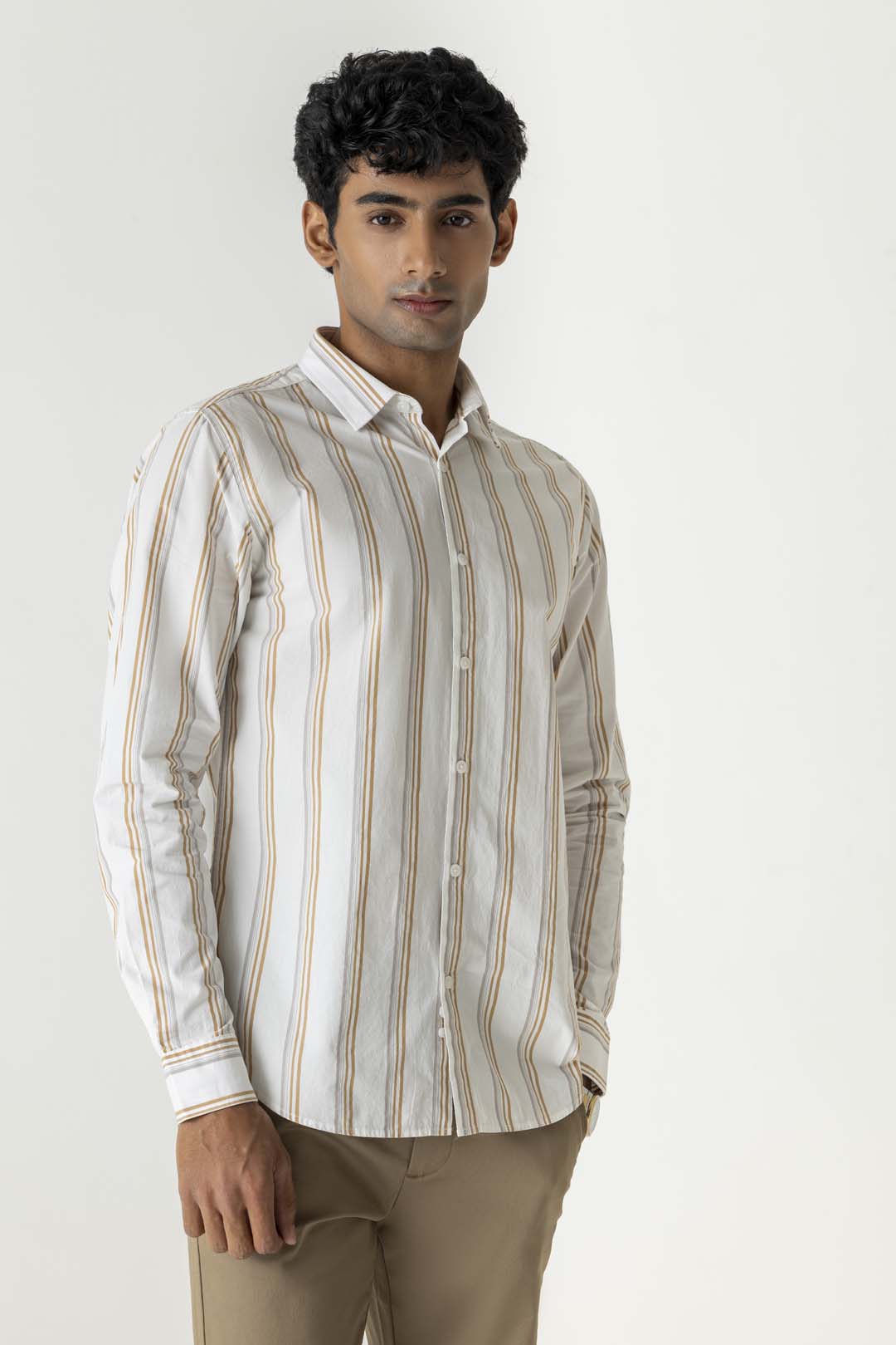 Khaki Vertical Stripe Cotton Regular Fit Full Sleeve Shirt