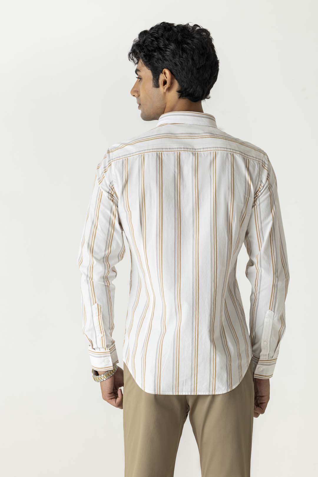 Khaki Vertical Stripe Cotton Regular Fit Full Sleeve Shirt