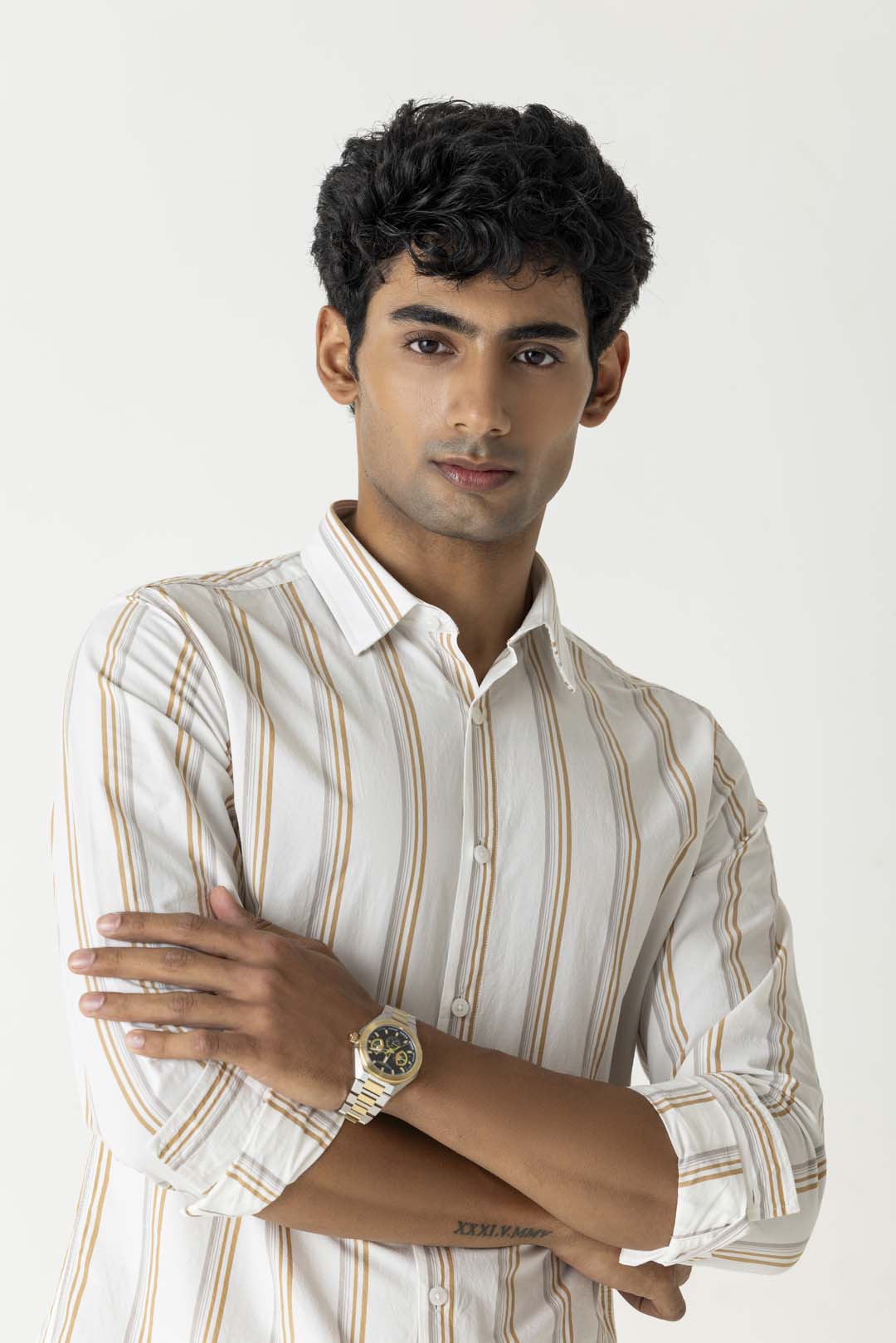 Khaki Vertical Stripe Cotton Regular Fit Full Sleeve Shirt