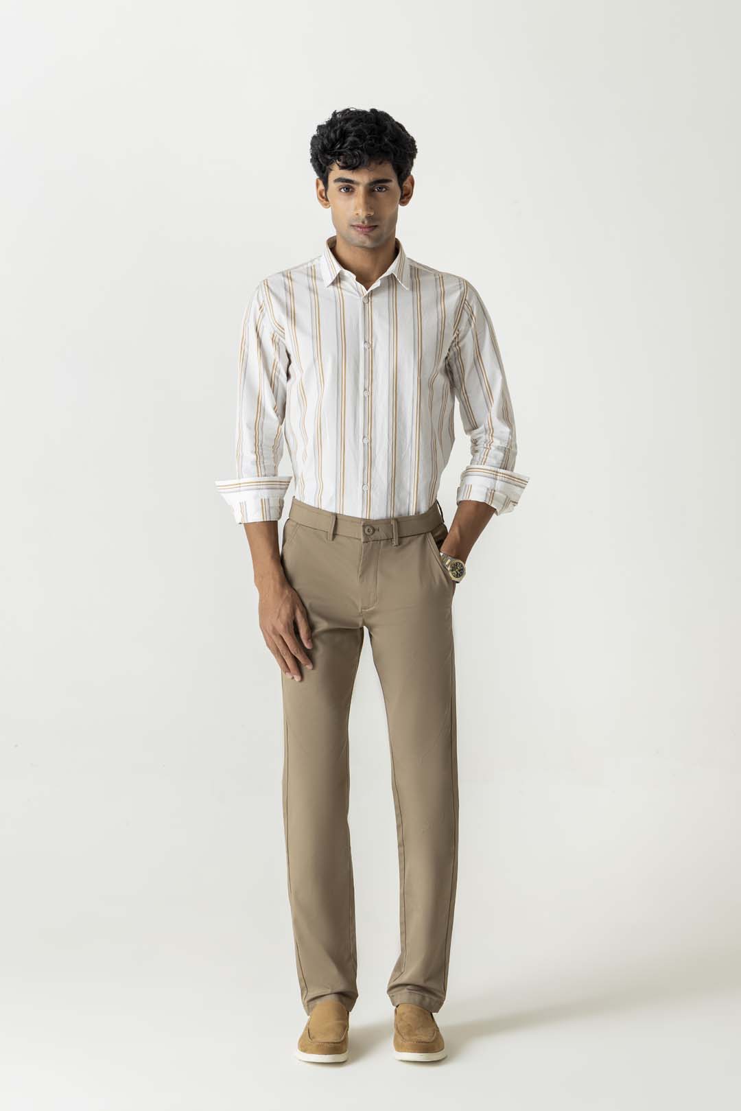Light Brown Natural Fiber Bi-Stretch Slim Straight Chino Trousers