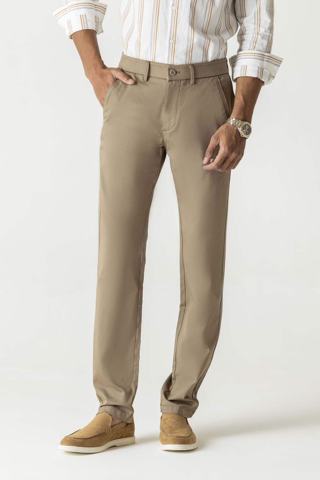 Light Brown Natural Fiber Bi-Stretch Slim Straight Chino Trousers