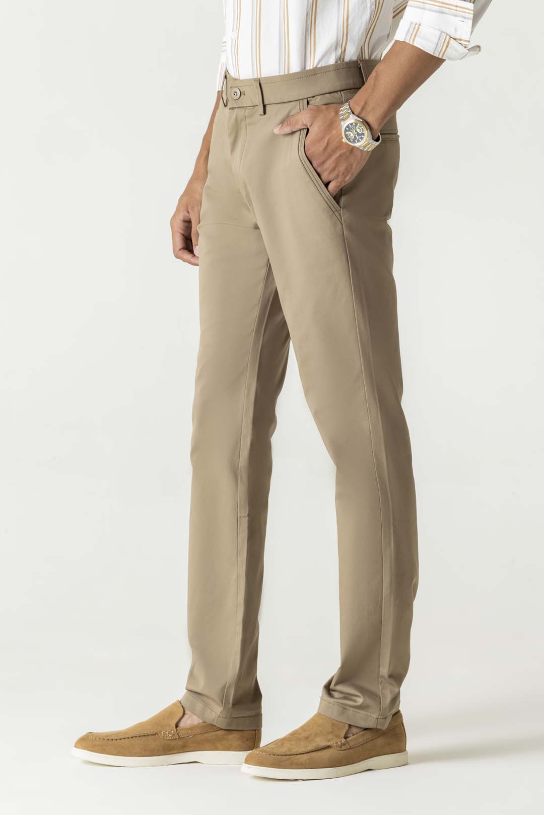 Light Brown Natural Fiber Bi-Stretch Slim Straight Chino Trousers