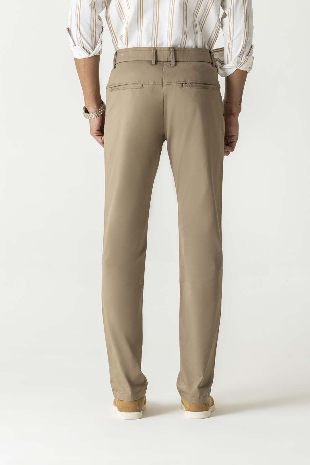 Light Brown Natural Fiber Bi-Stretch Slim Straight Chino Trousers