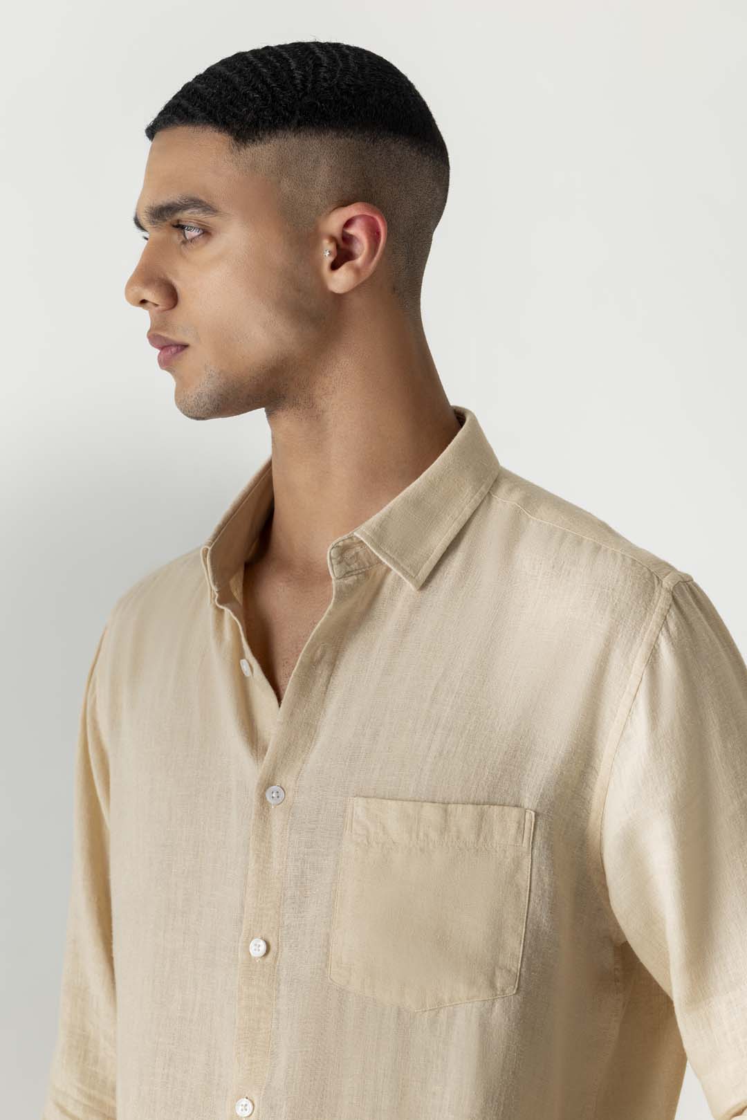 Solid Cream Brulee Linen Viscose Full Sleeve Shirt