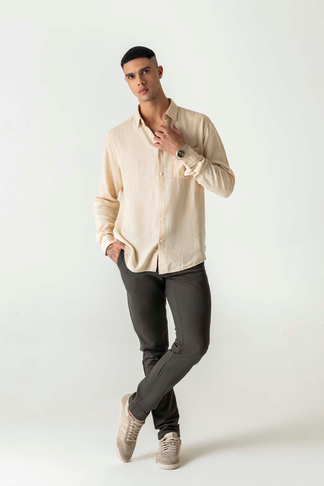 Solid Cream Brulee Linen Viscose Full Sleeve Shirt