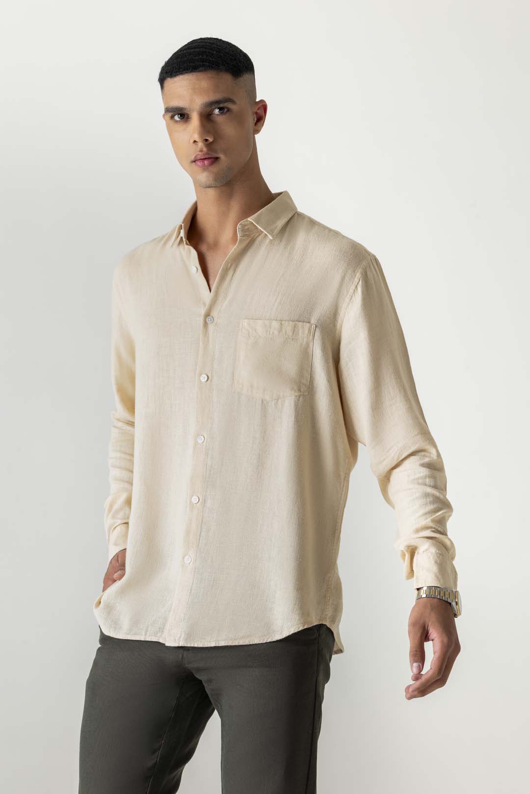 Solid Cream Brulee Linen Viscose Full Sleeve Shirt