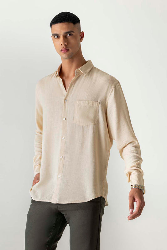 Solid Cream Brulee Linen Viscose Full Sleeve Shirt