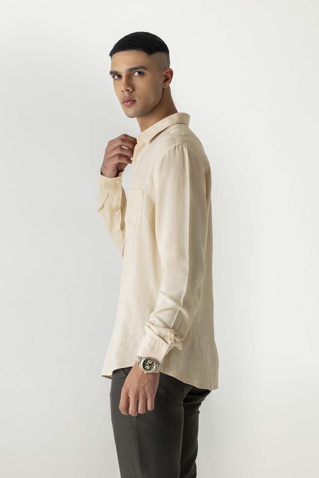 Solid Cream Brulee Linen Viscose Full Sleeve Shirt