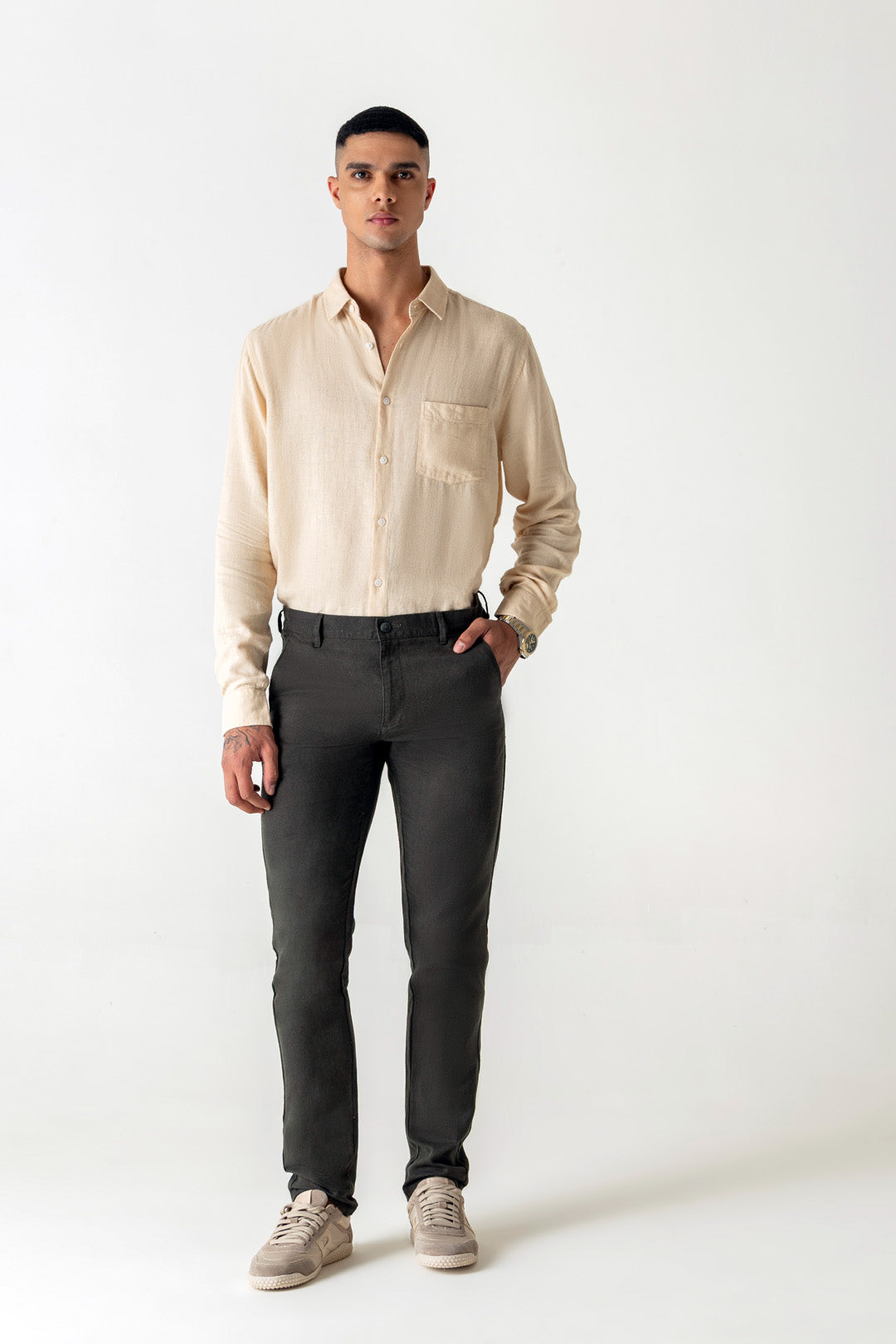 Solid Olive Linen Cotton Slim Straight Chino Trousers