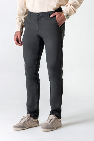 Solid Olive Linen Cotton Slim Straight Chino Trousers