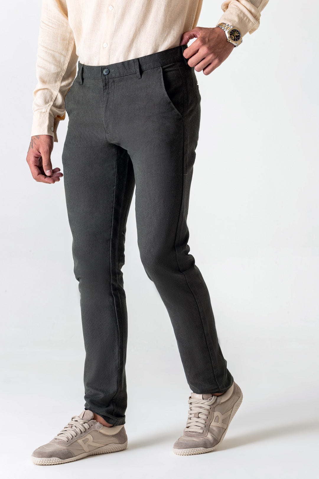 Solid Olive Linen Cotton Slim Straight Chino Trousers