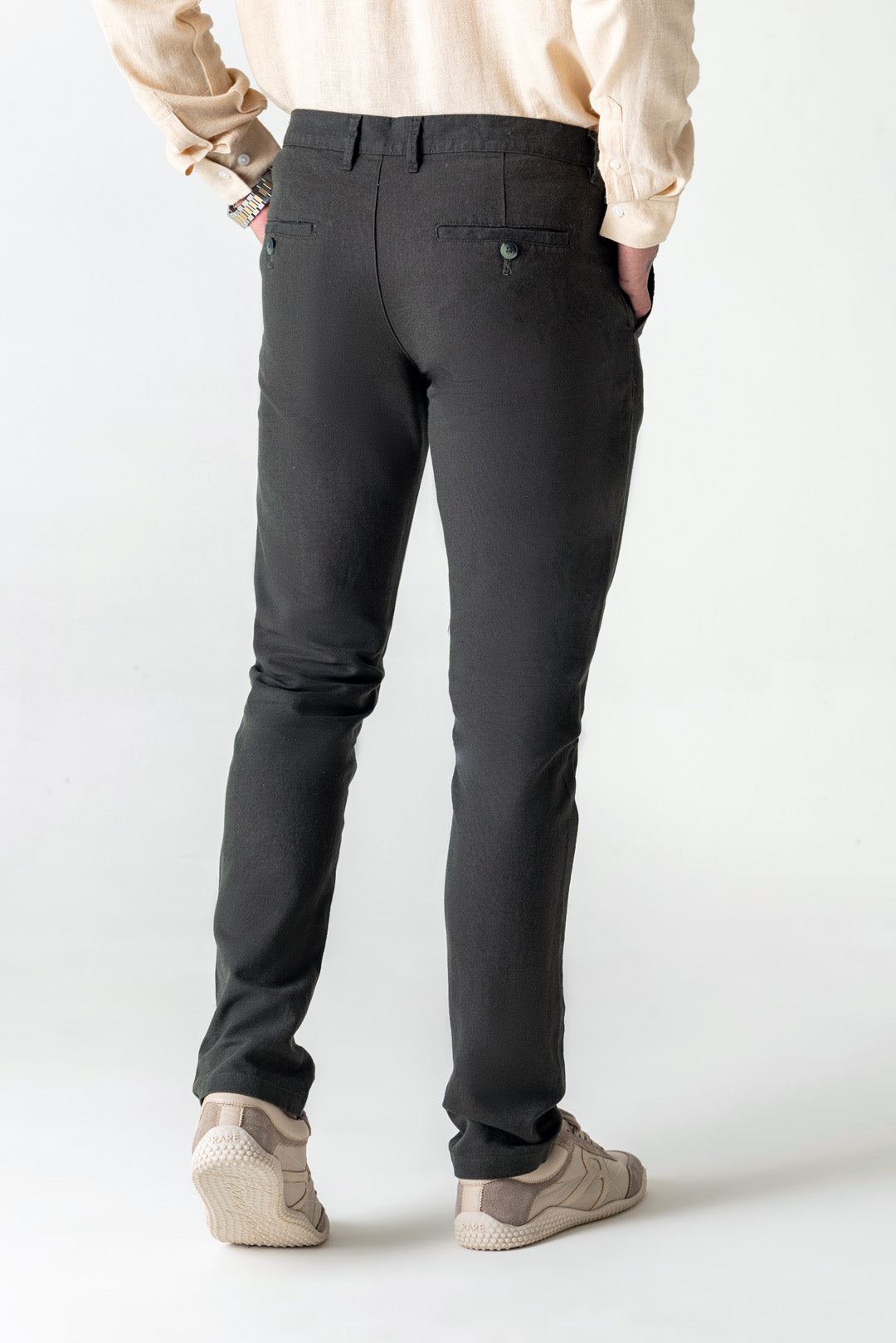 Solid Olive Linen Cotton Slim Straight Chino Trousers