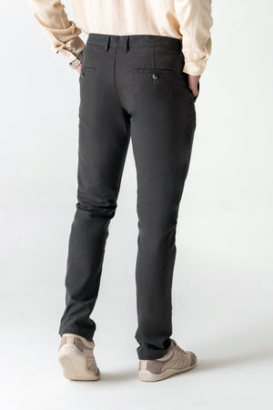 Solid Olive Linen Cotton Slim Straight Chino Trousers