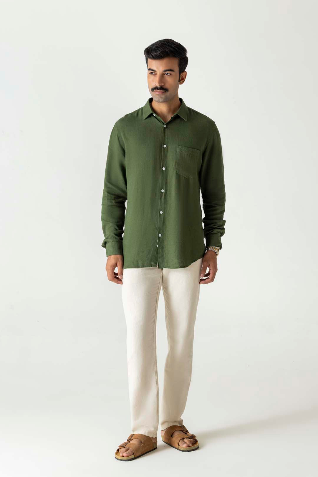 Solid Bronze Green Linen Viscose Regular Fit Full Sleeve Shirt