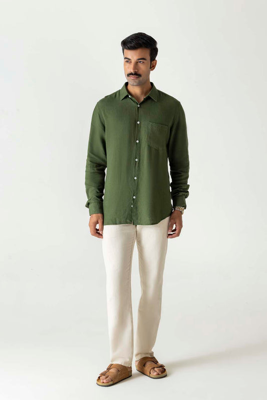 Solid Bronze Green Linen Viscose Regular Fit Full Sleeve Shirt