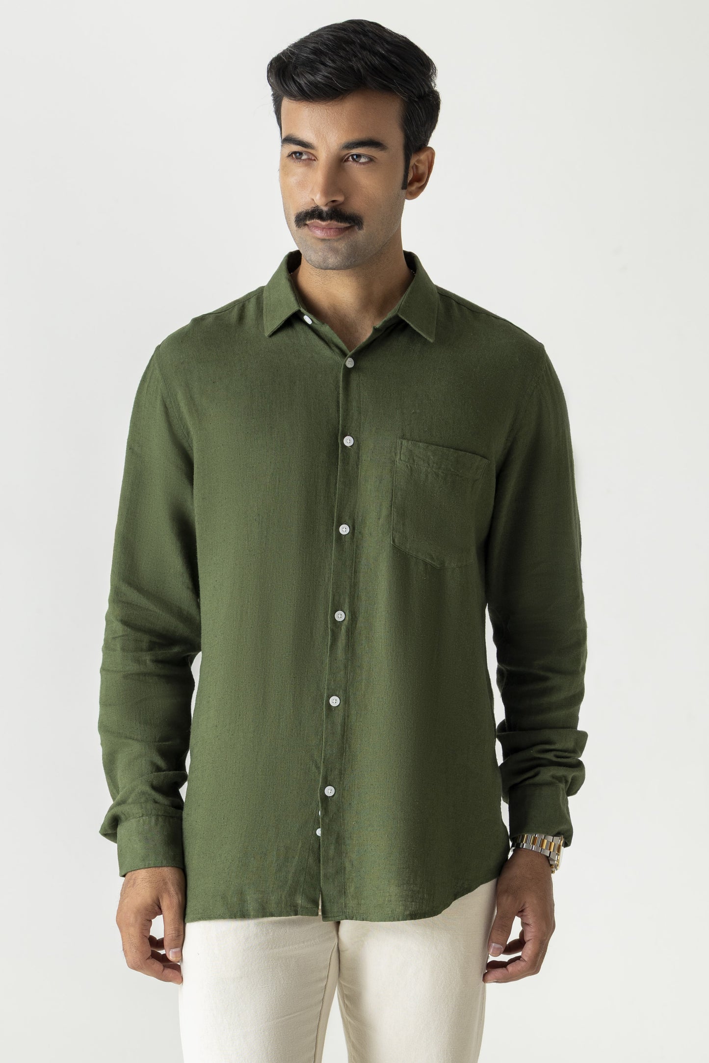 Solid Bronze Green Linen Viscose Regular Fit Full Sleeve Shirt