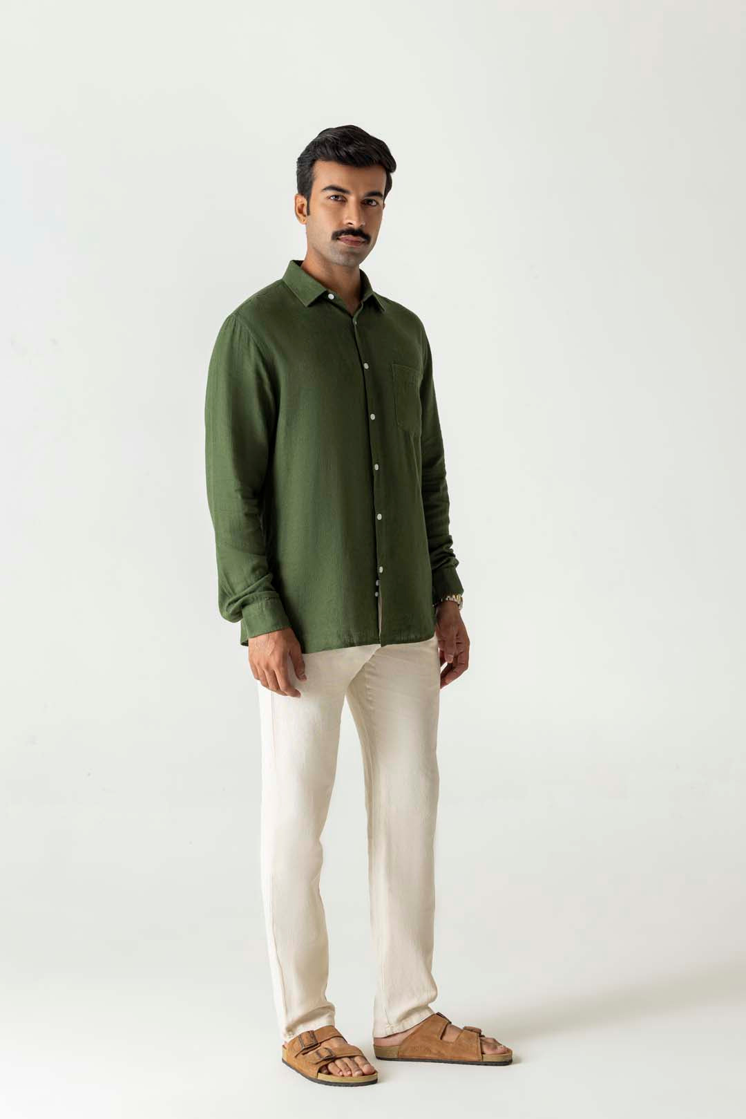 Solid Bronze Green Linen Viscose Regular Fit Full Sleeve Shirt