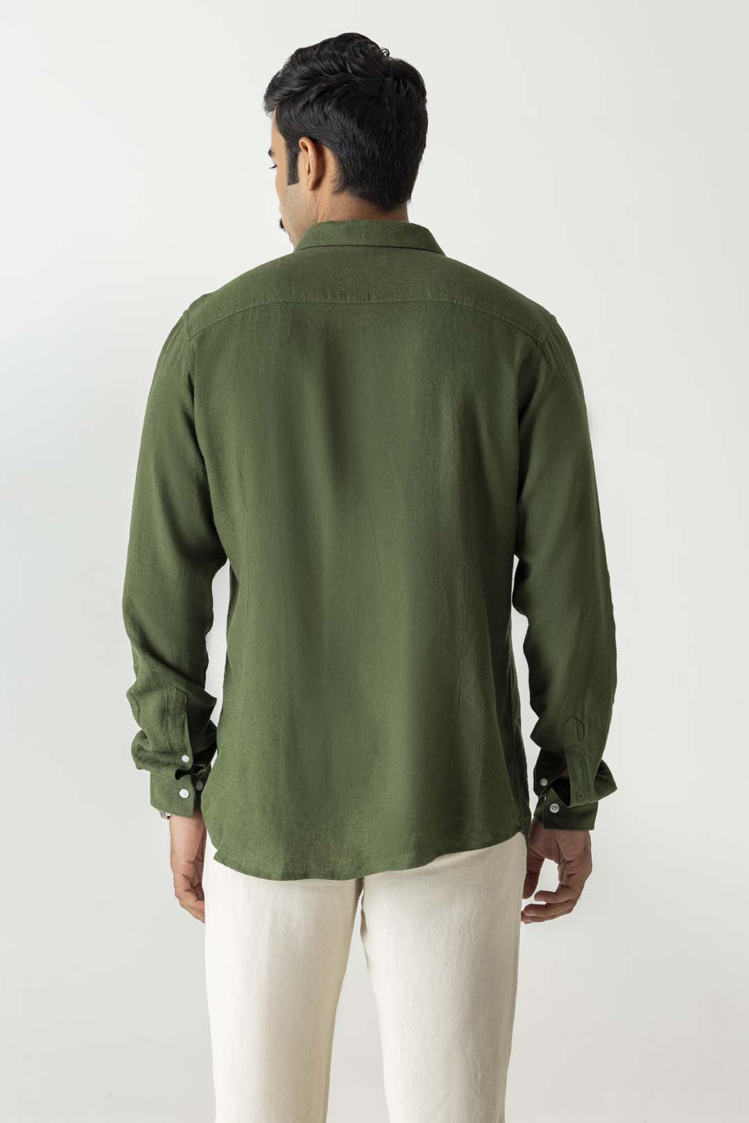Solid Bronze Green Linen Viscose Regular Fit Full Sleeve Shirt