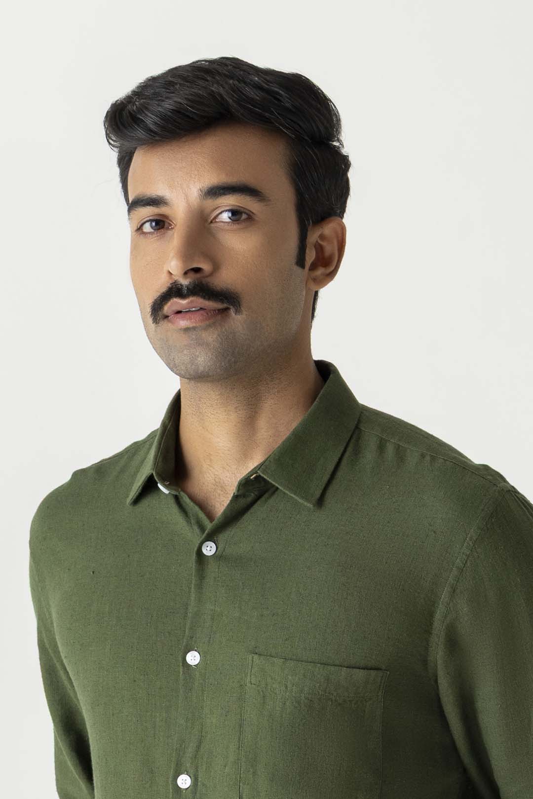 Solid Bronze Green Linen Viscose Regular Fit Full Sleeve Shirt