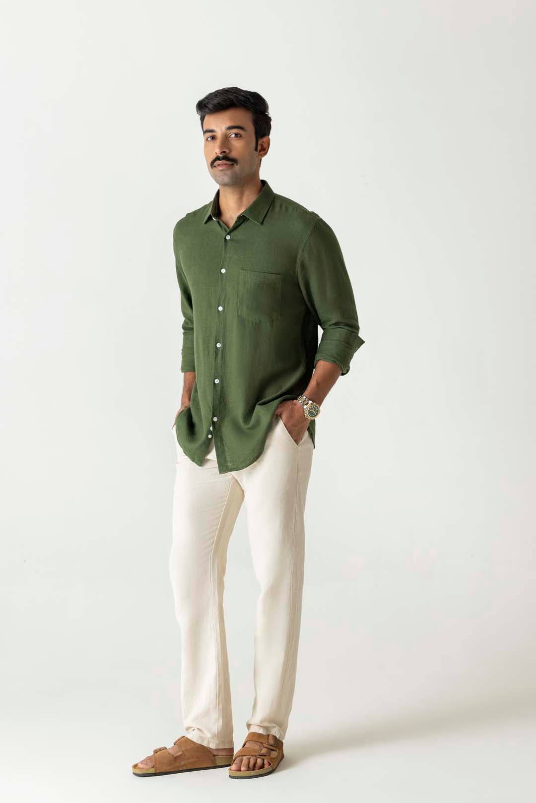 Solid Natural Linen Cotton Slim Straight Chino Trousers
