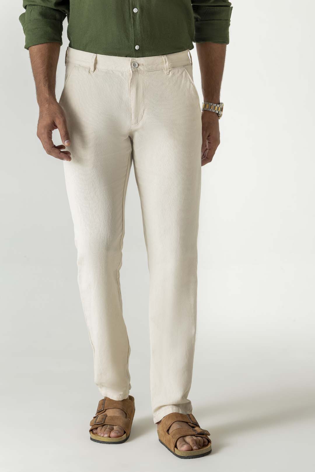 Solid Natural Linen Cotton Slim Straight Chino Trousers