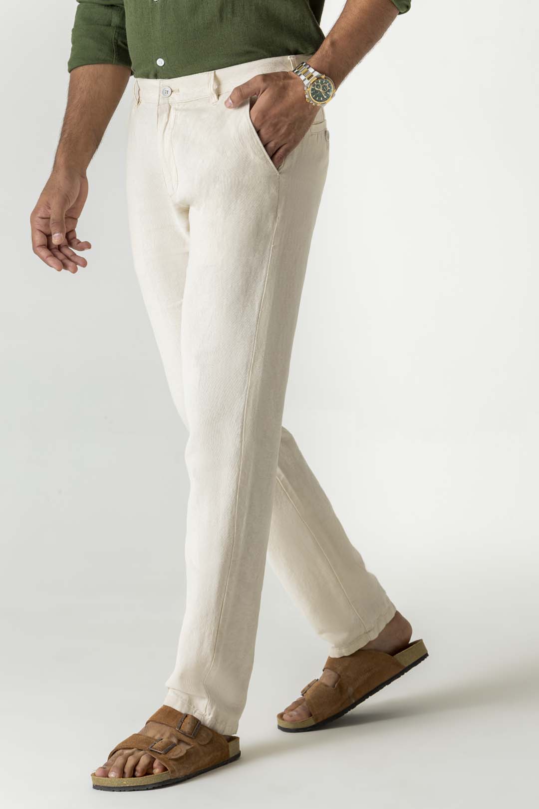 Solid Natural Linen Cotton Slim Straight Chino Trousers