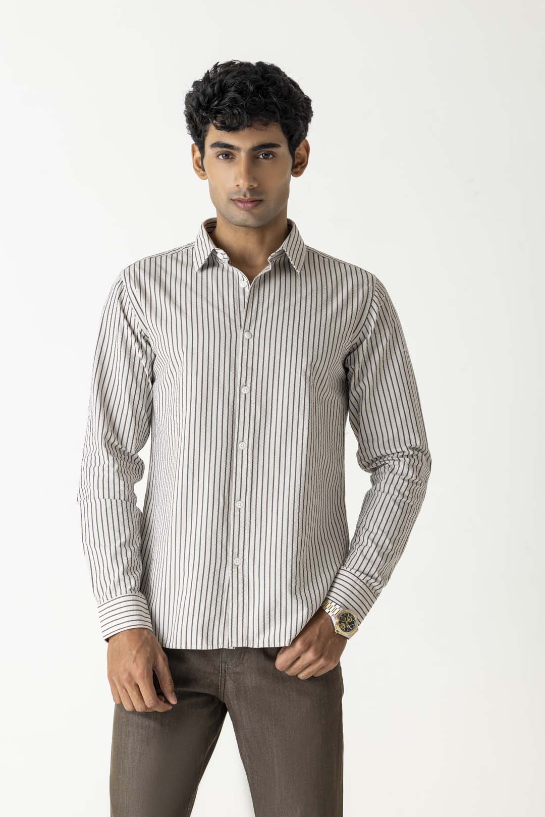Grey and White Cotton Regular Fit Bold Stripe Full Sleeve Shirt