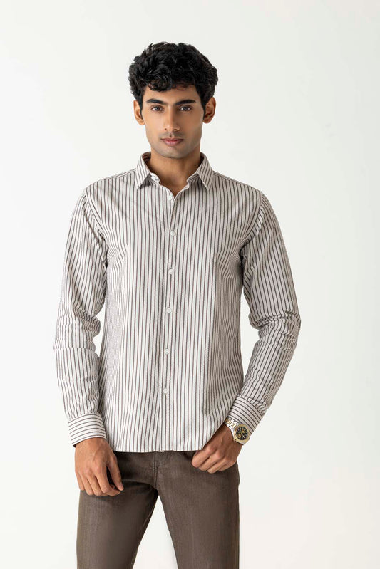 Grey and White Cotton Regular Fit Bold Stripe Full Sleeve Shirt