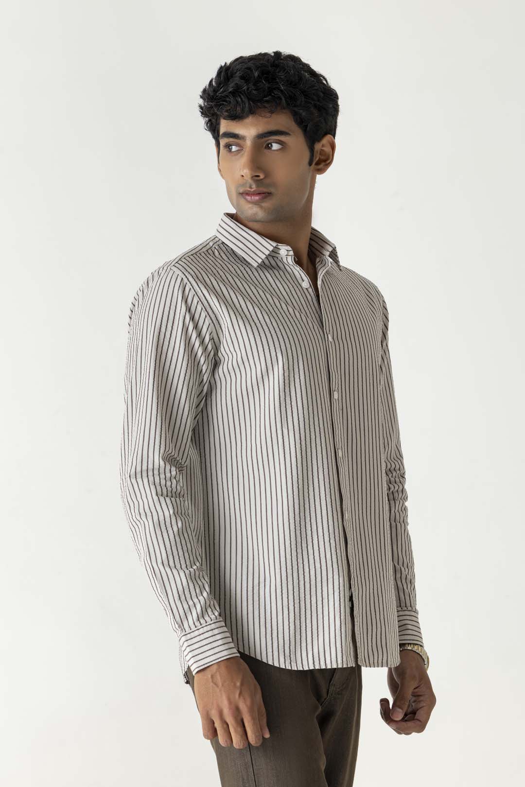 Grey and White Cotton Regular Fit Bold Stripe Full Sleeve Shirt